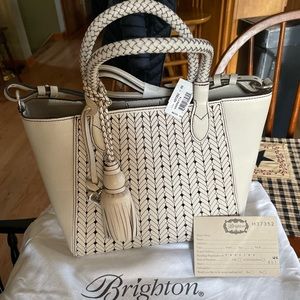 Nwt Brighten leather handbag, cream w brown detail, shoulder strap, dust bag